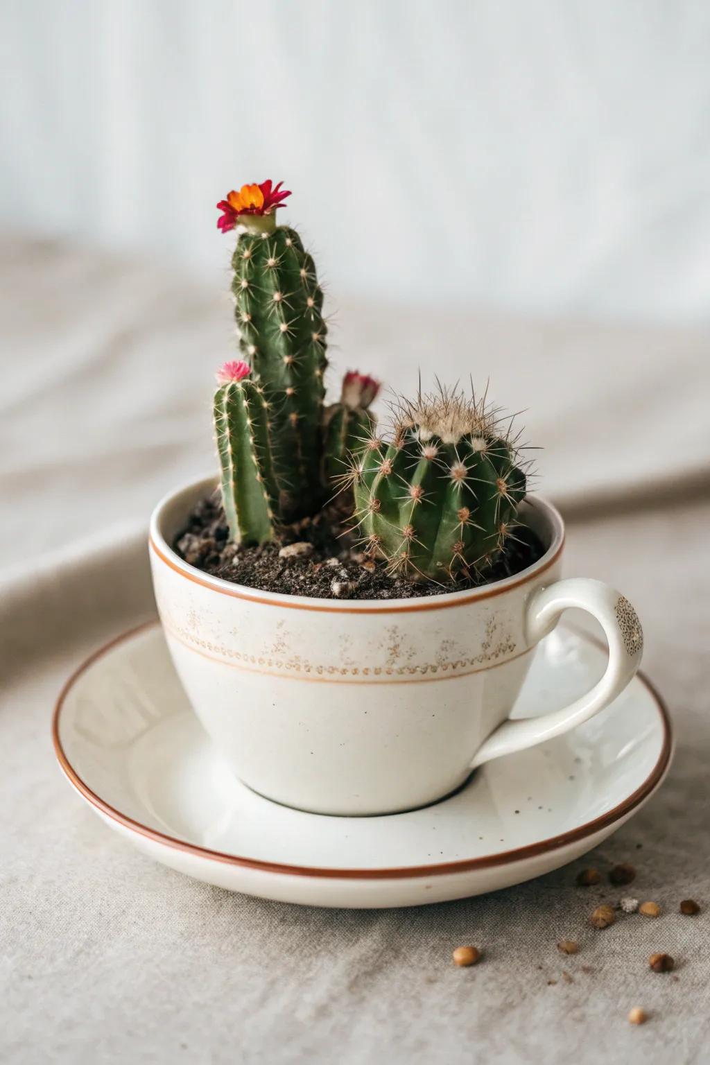 A quirky cactus delight in a teacup.
