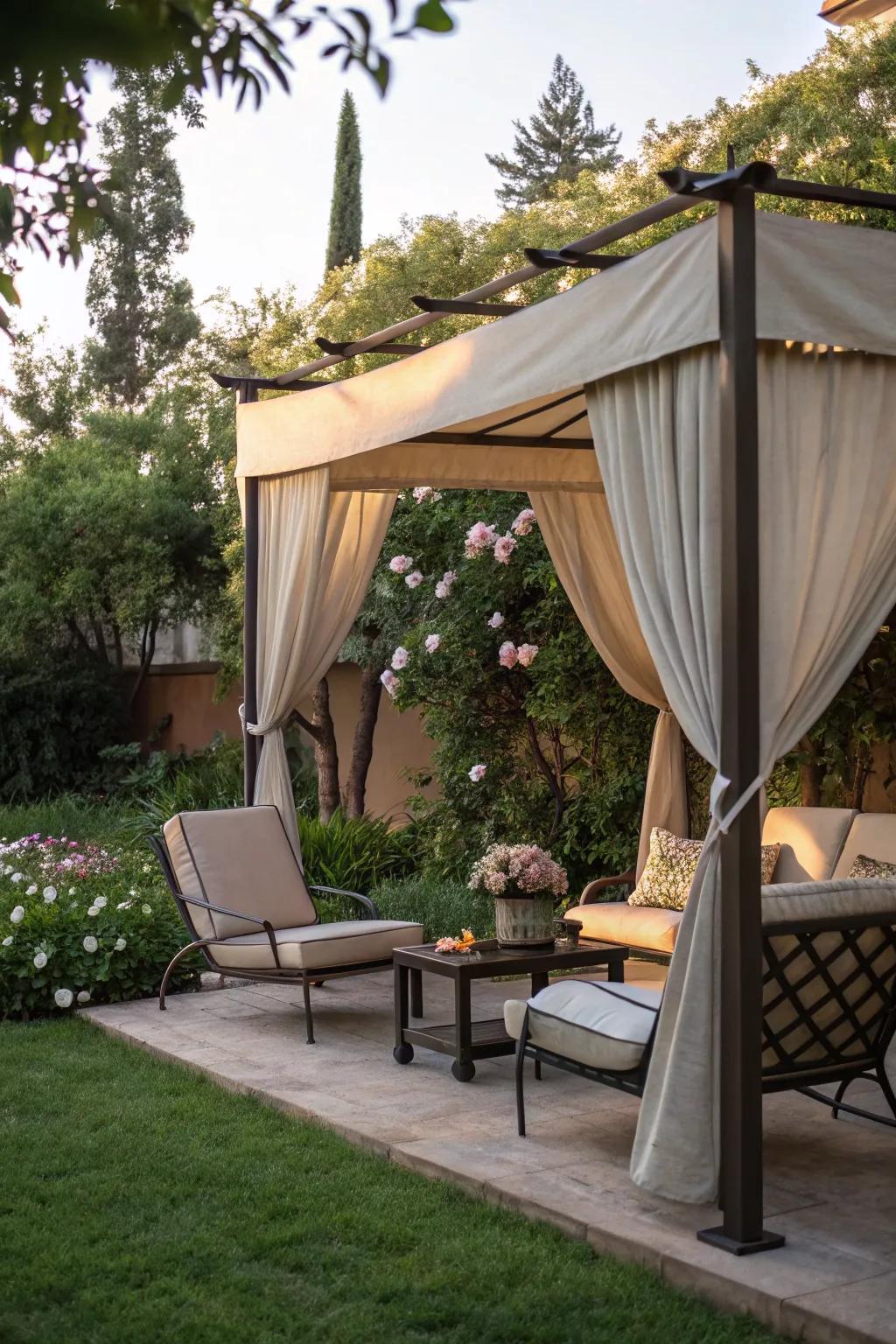 A serene outdoor lounge with a gentle fabric canopy.