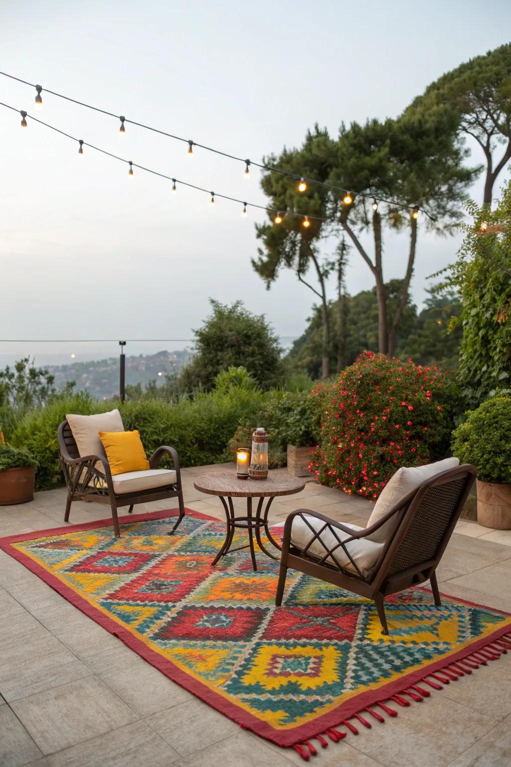 Add warmth and style to your outdoor areas with vibrant outdoor rugs.