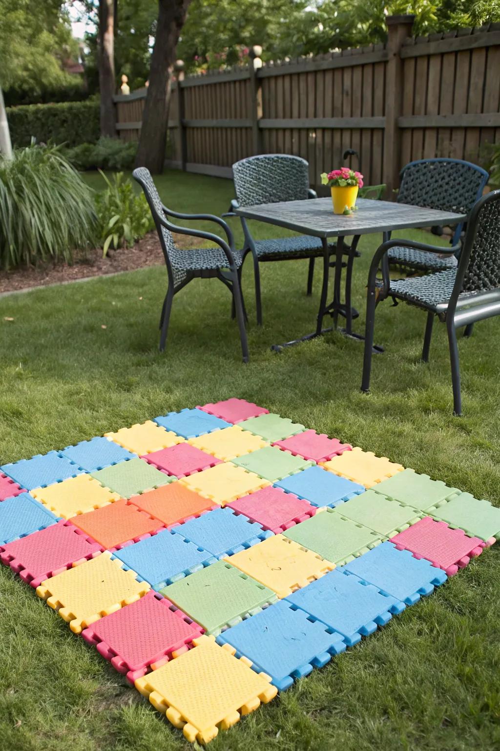 Plastic tiles offer stability and ease of use for temporary patios