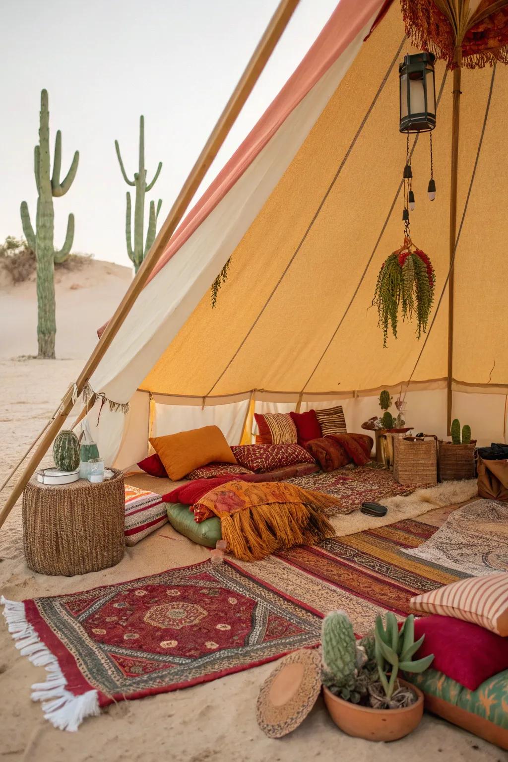 A desert-themed tent with warm colors and cactus decorations.