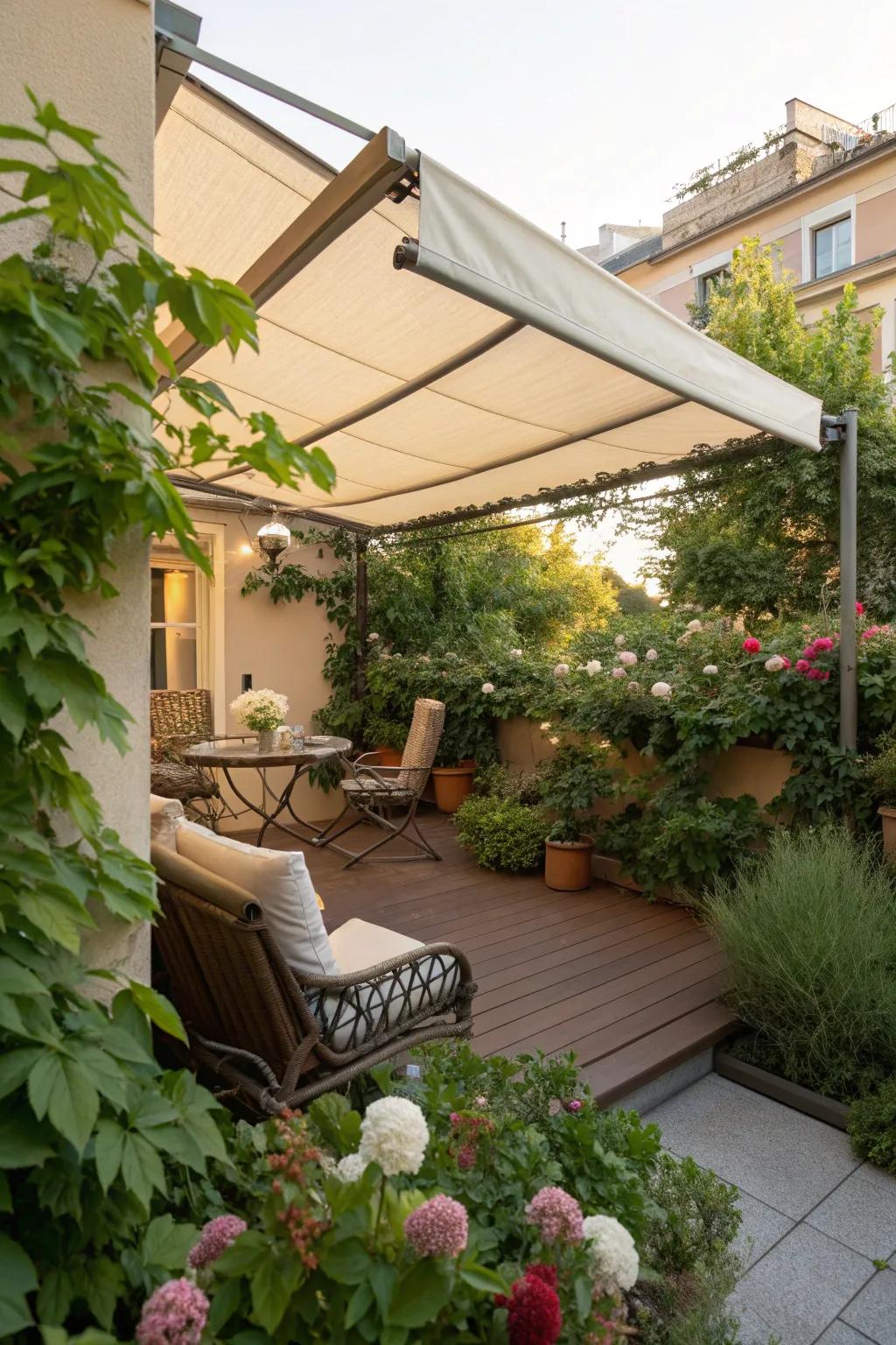 Retractable awnings offer adjustable shade for all-day comfort.