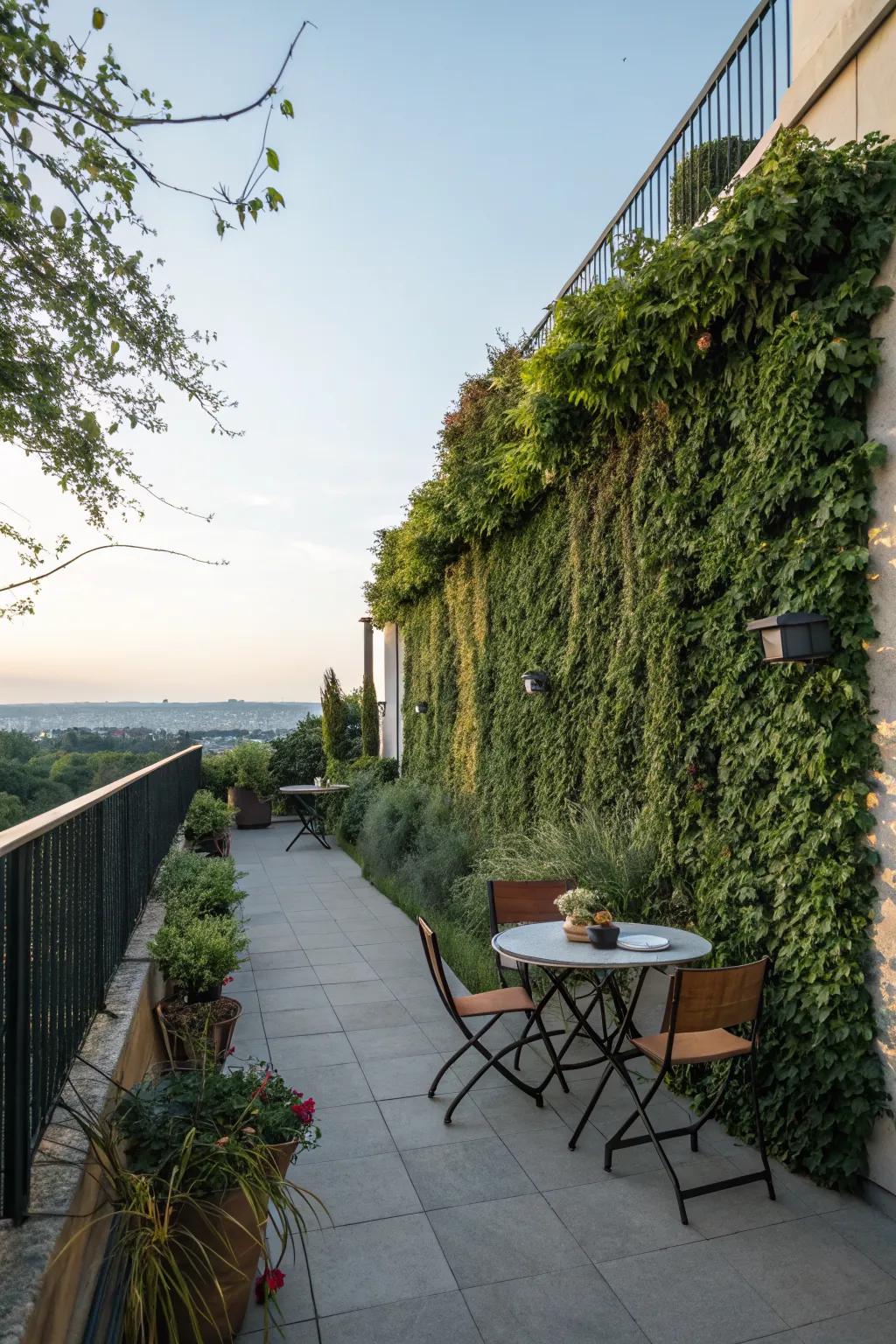 A lush green wall brings modern eco-friendly vibes to a terrace.