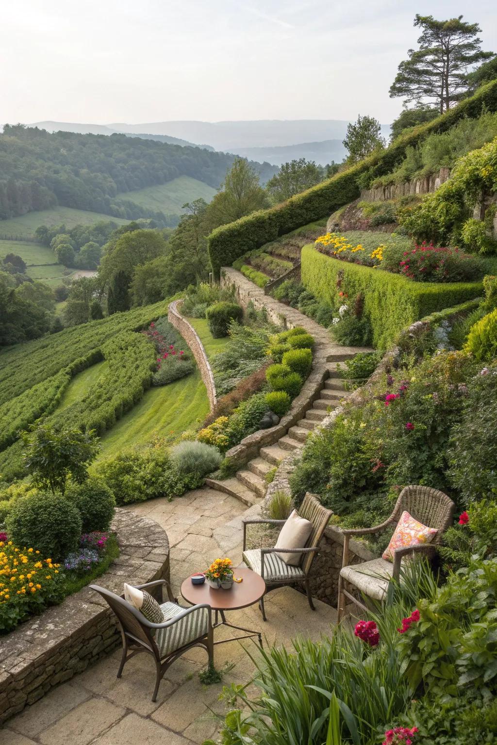 Terraced garden with a cozy seating area surrounded by lush greenery on a gentle slope.