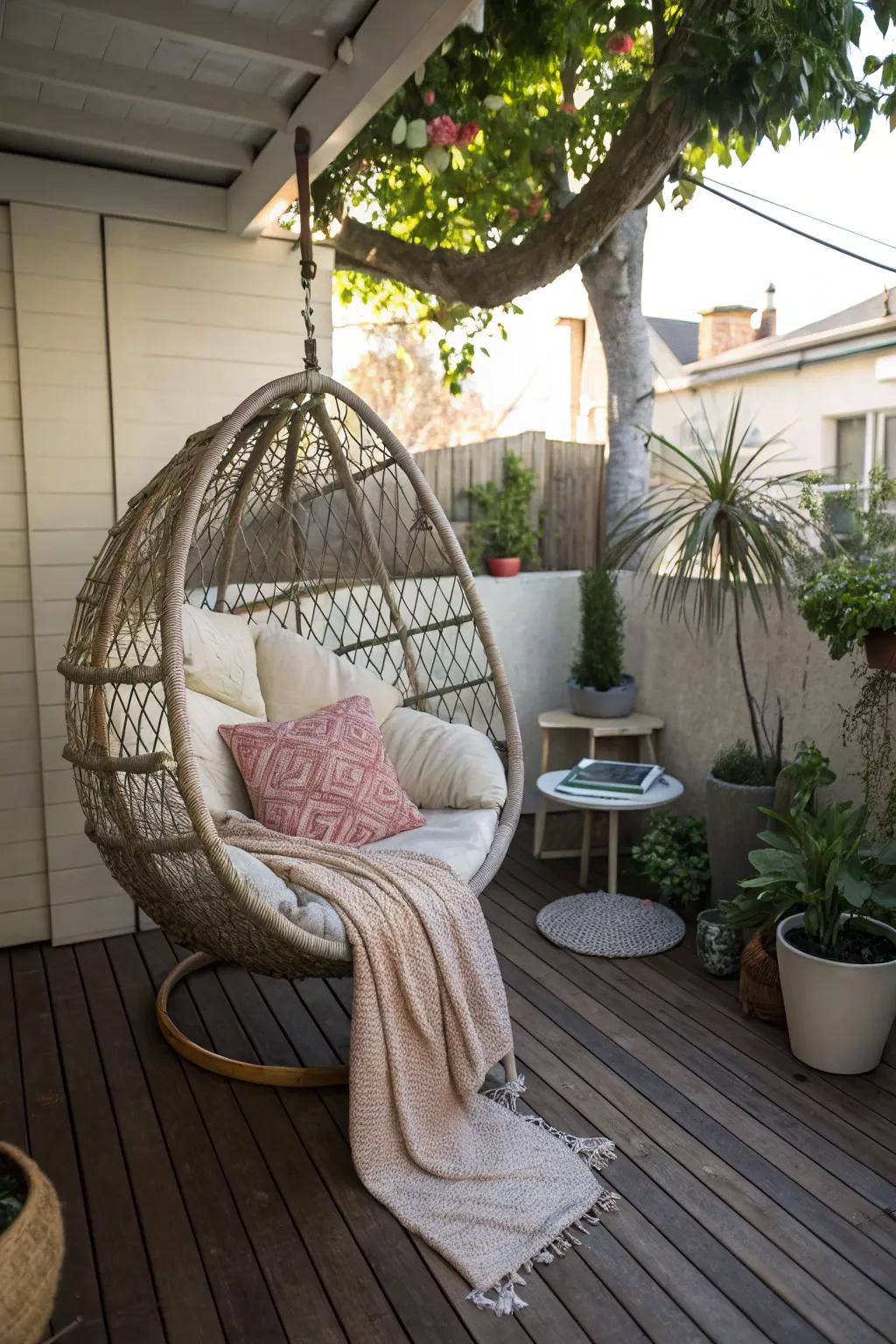 Add whimsy with a hanging chair retreat.