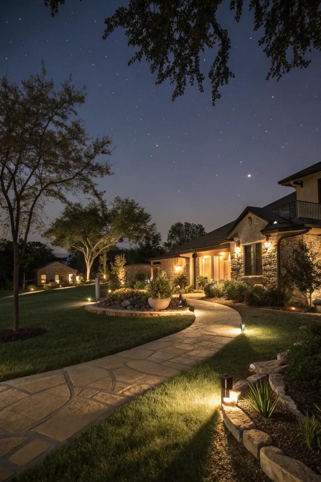 Landscape lighting creating a magical nighttime ambiance.
