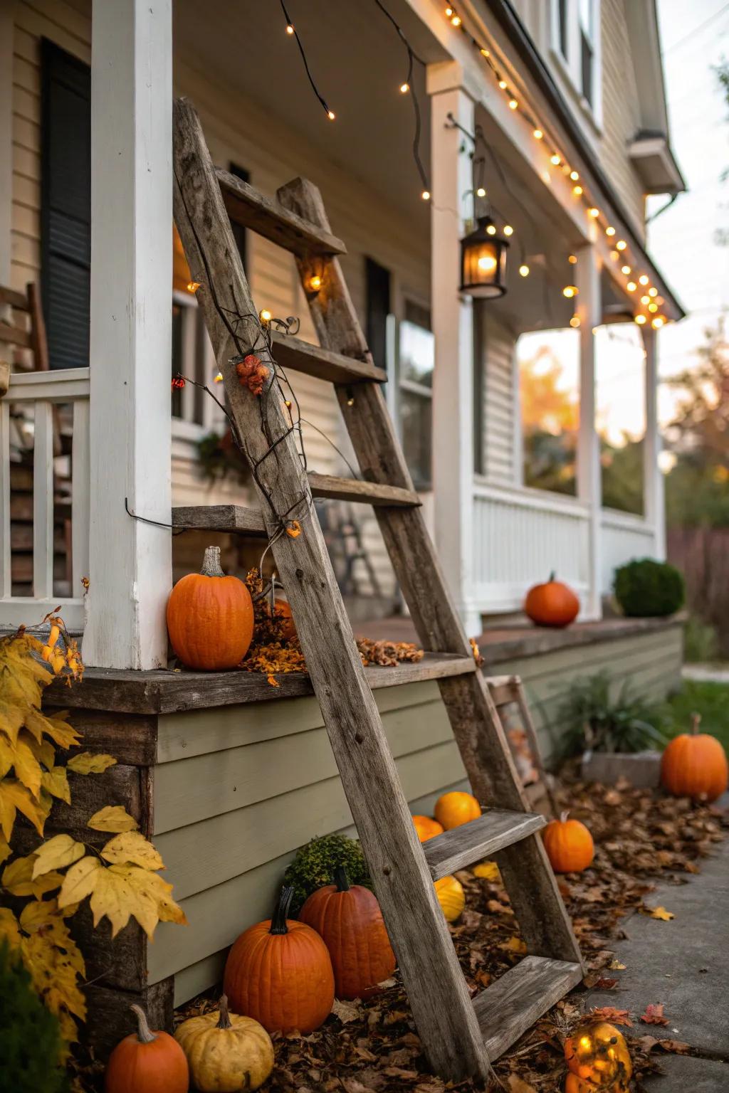 A rustic ladder creatively displays fall decor.