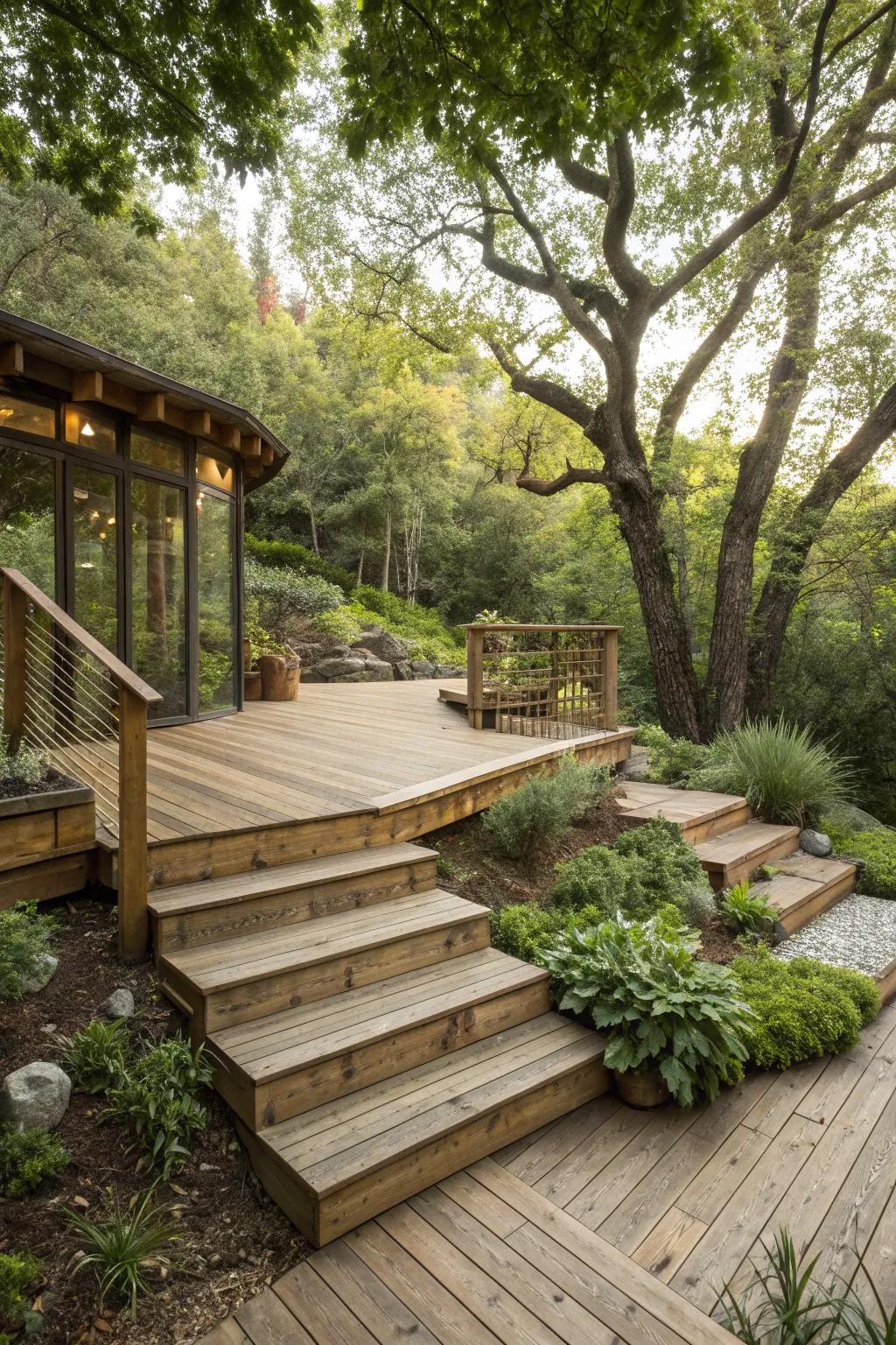 An eco-friendly tiered deck that merges with nature.