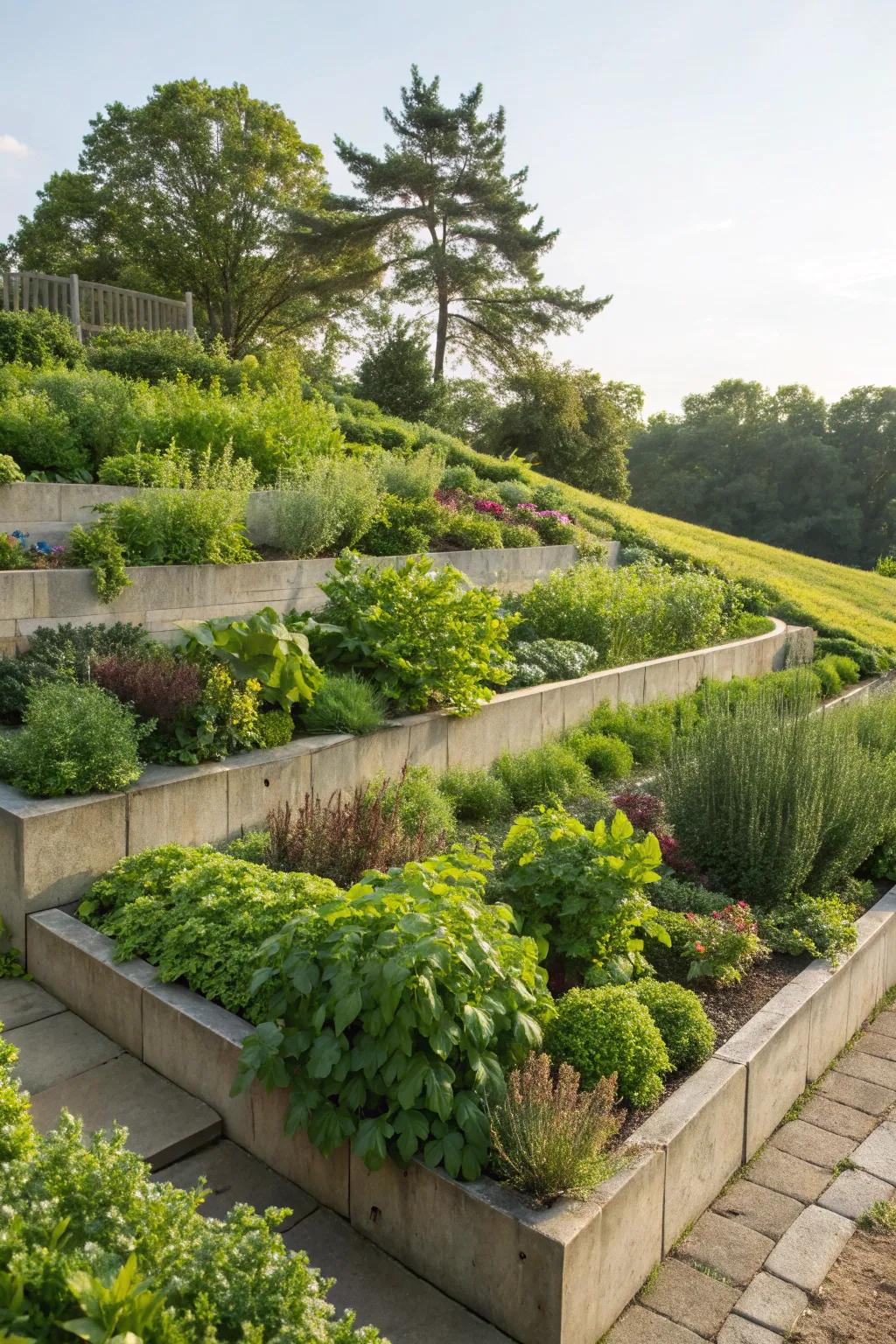 Edible gardens bring practicality and freshness to tiered designs.