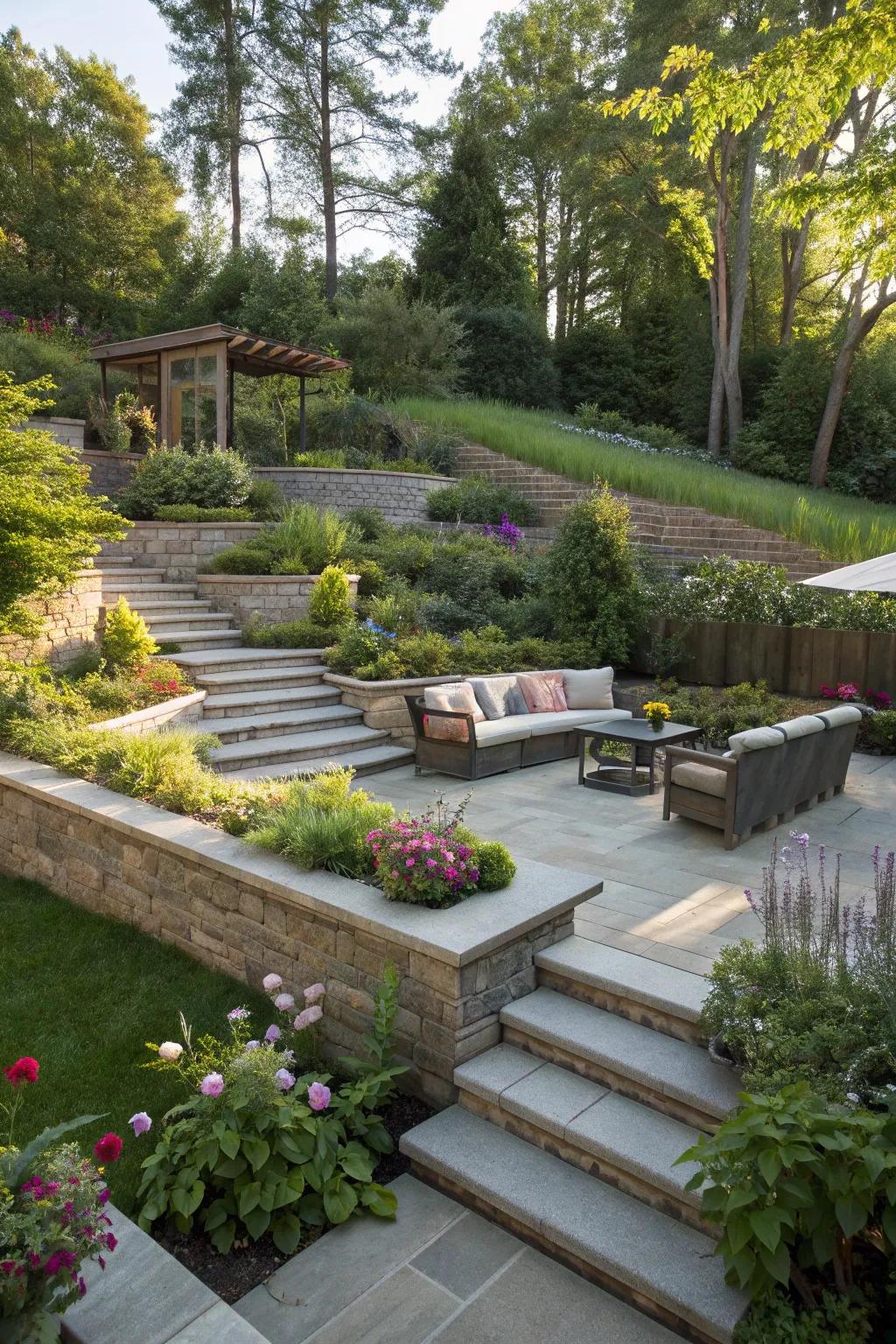 A sunken patio provides a cozy and intimate space in tiered gardens.