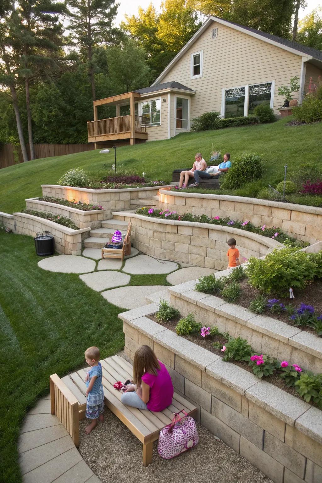 A family-friendly retaining wall design with zones for play and relaxation.