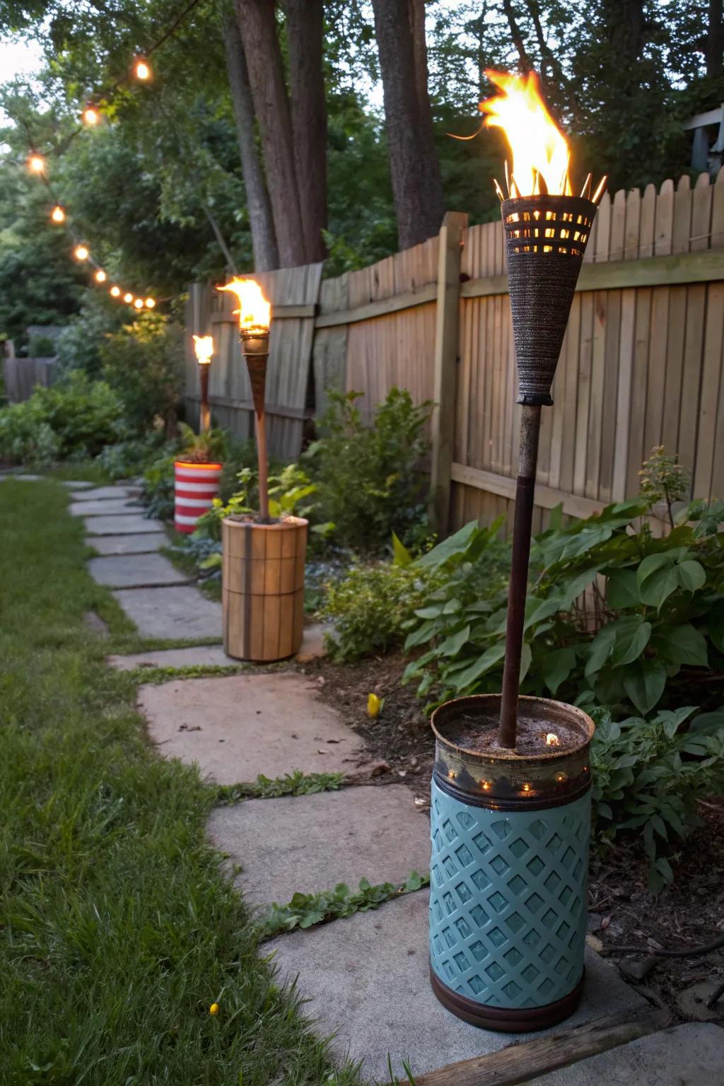 Get creative with upcycled containers for your tiki torches.