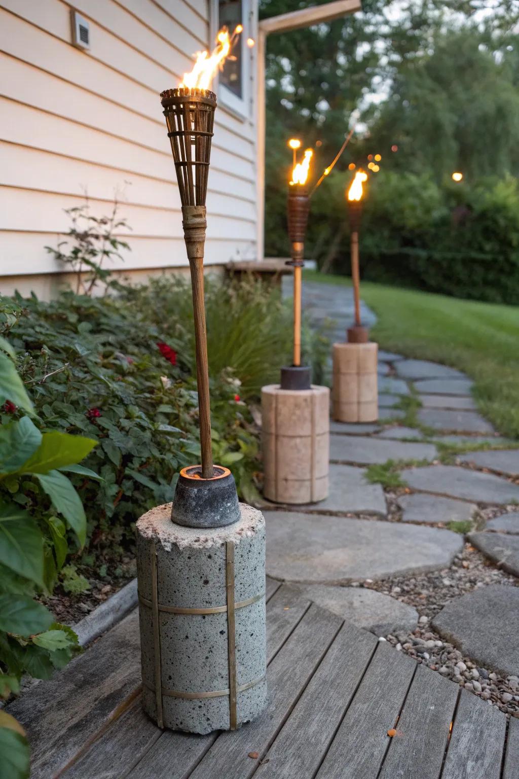 Concrete base torches provide stability and a sleek, modern look.