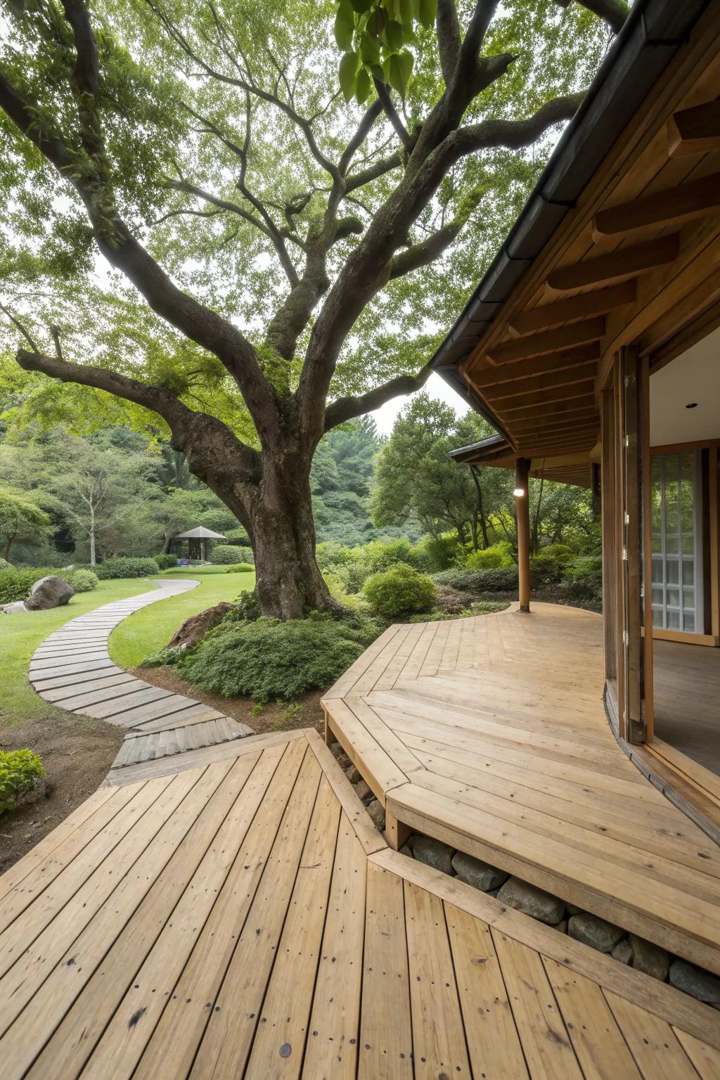 A tree-integrated timber deck, celebrating nature's beauty.