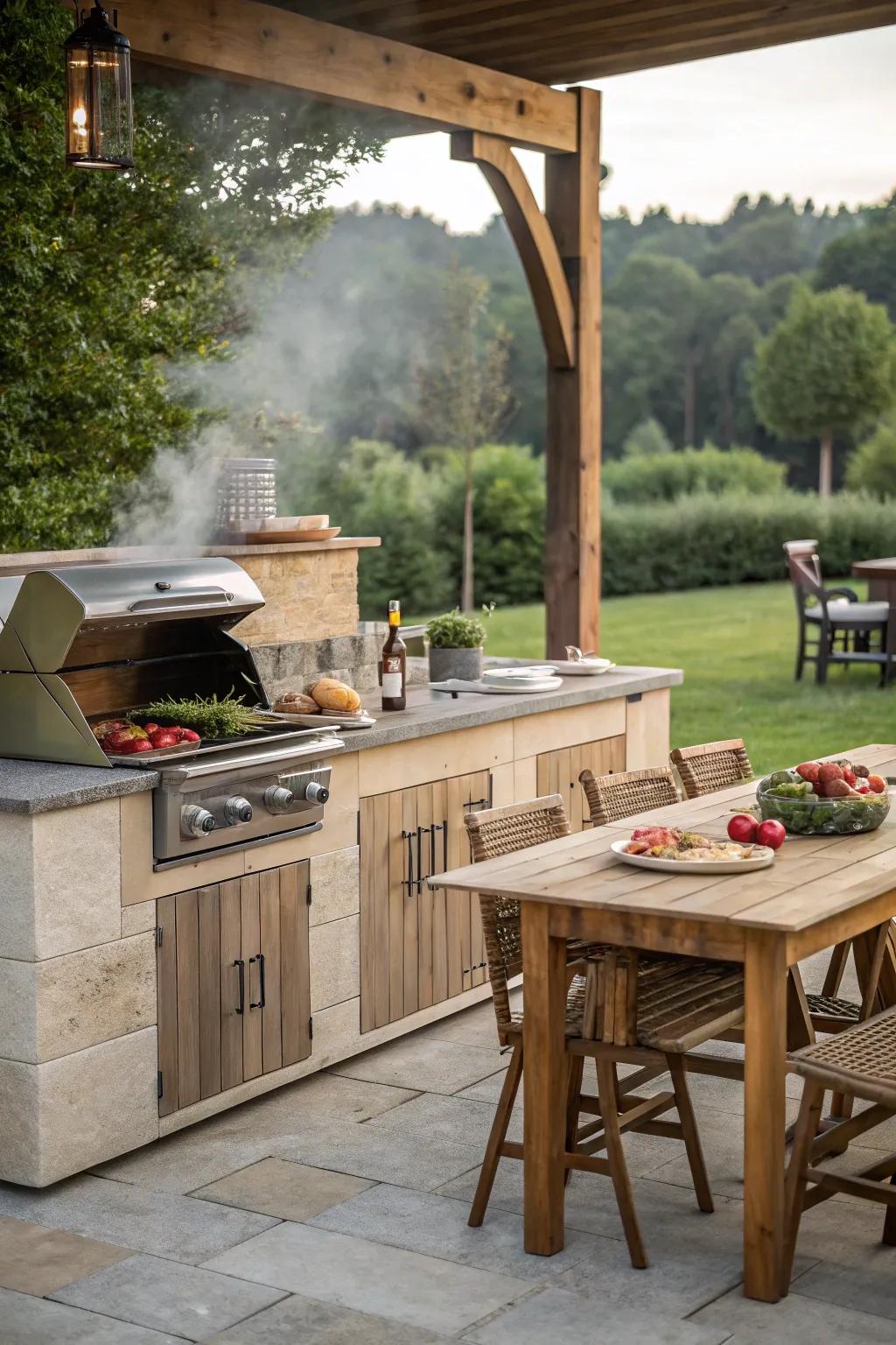 A functional outdoor kitchen setup complete with a grill and prep area.