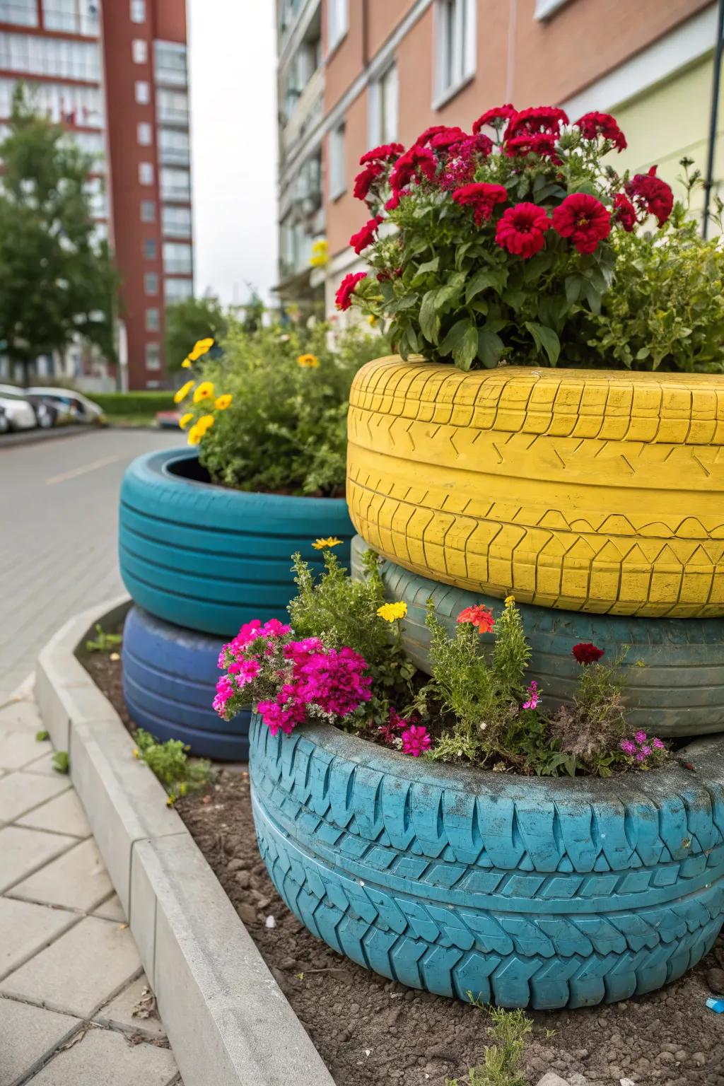 Double tire planters create elevated garden beds.