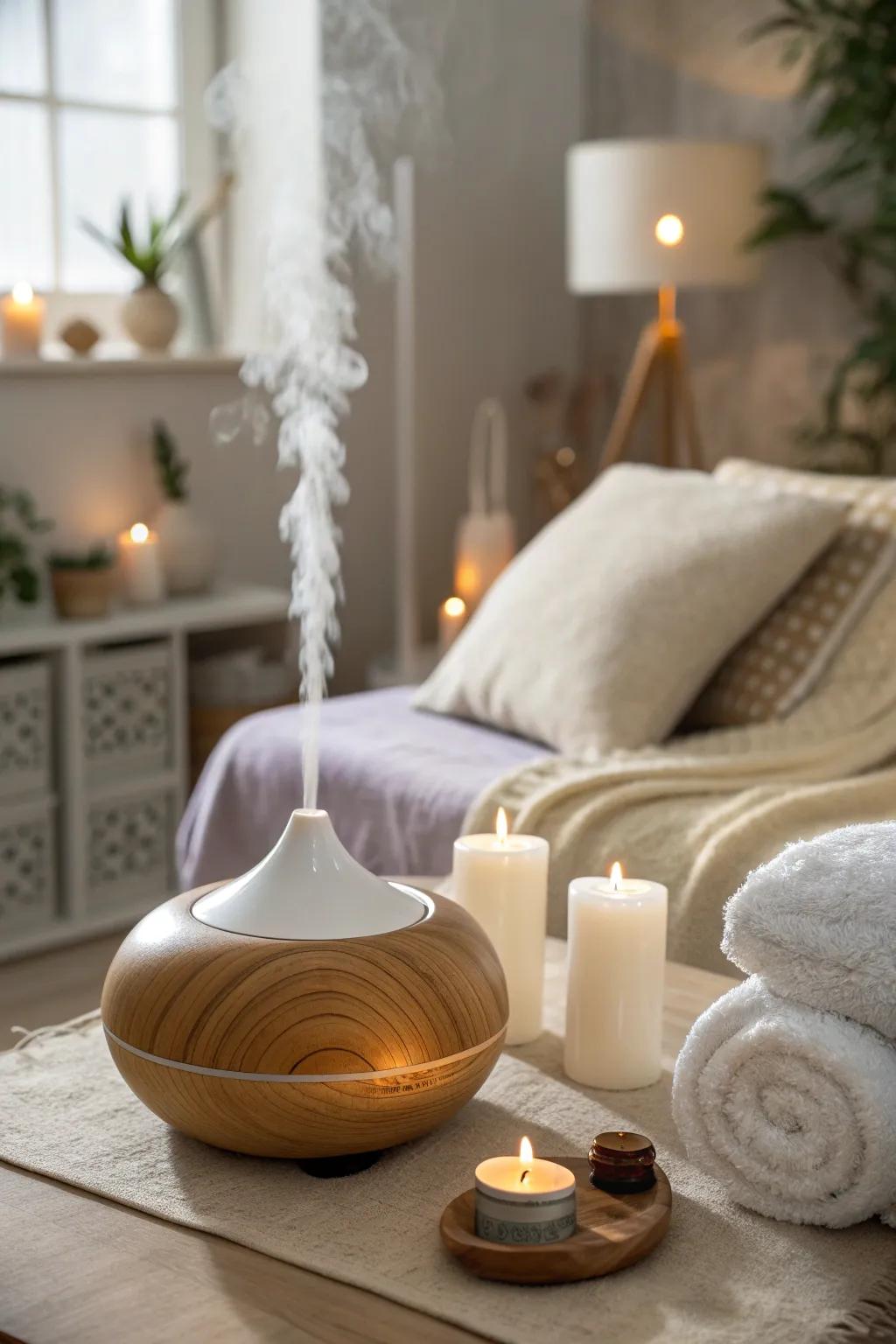 Aromatherapy with essential oils sets a calming tone for relaxation.