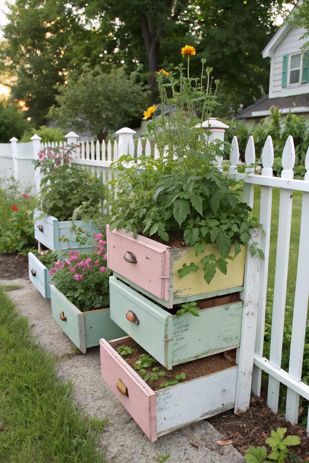 Repurposed drawers add charm and nostalgia to tomato gardening.