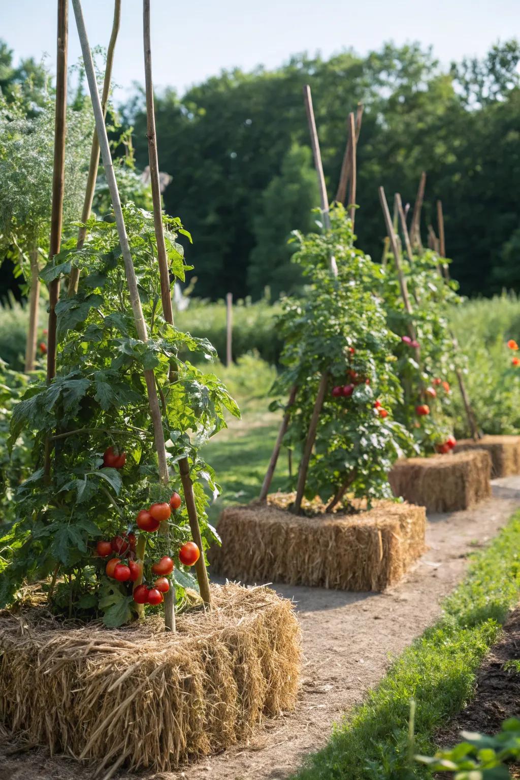 Rustic straw bale supports for tomato stakes.