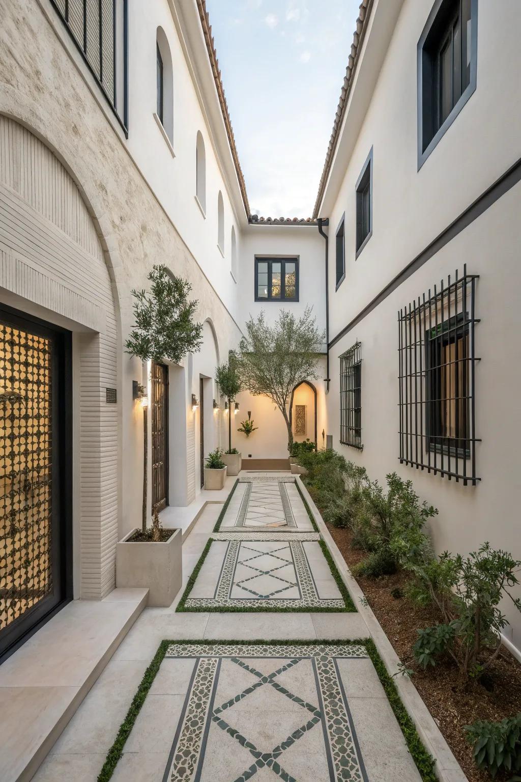 Minimalist design creates a serene and spacious courtyard.