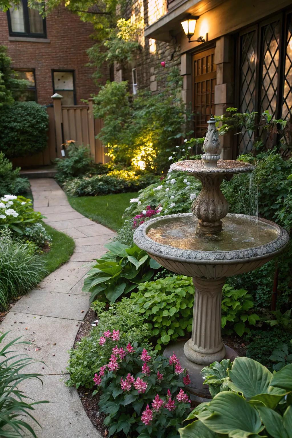 A decorative birdbath serving as a stunning focal point in a townhouse garden.