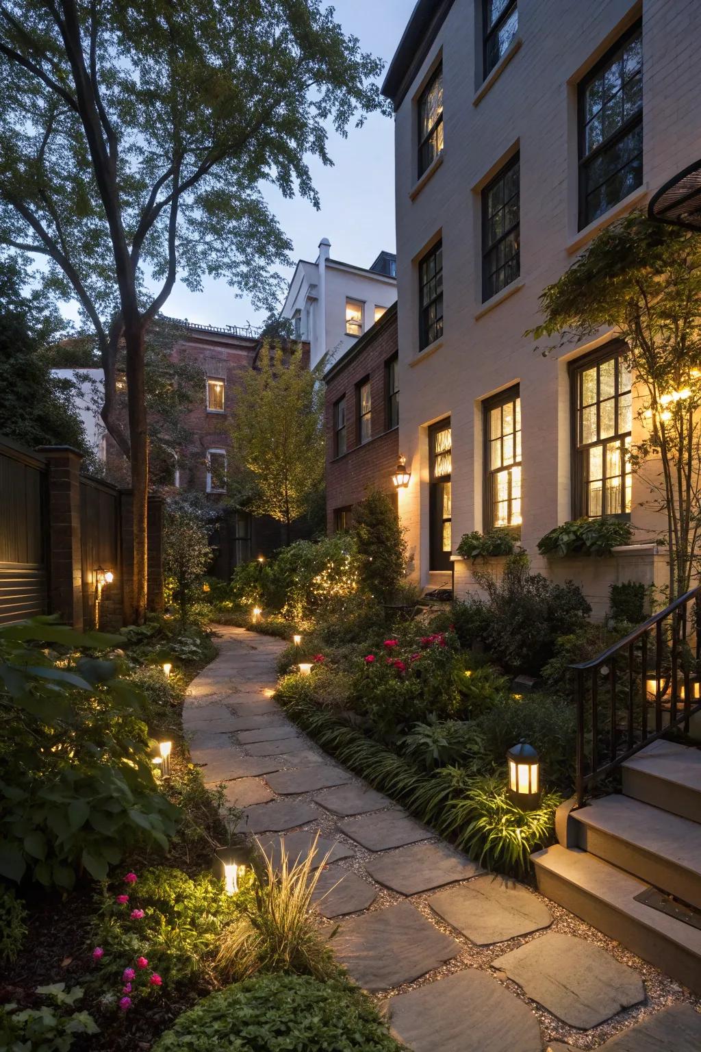 Garden lighting creates a magical evening ambiance.