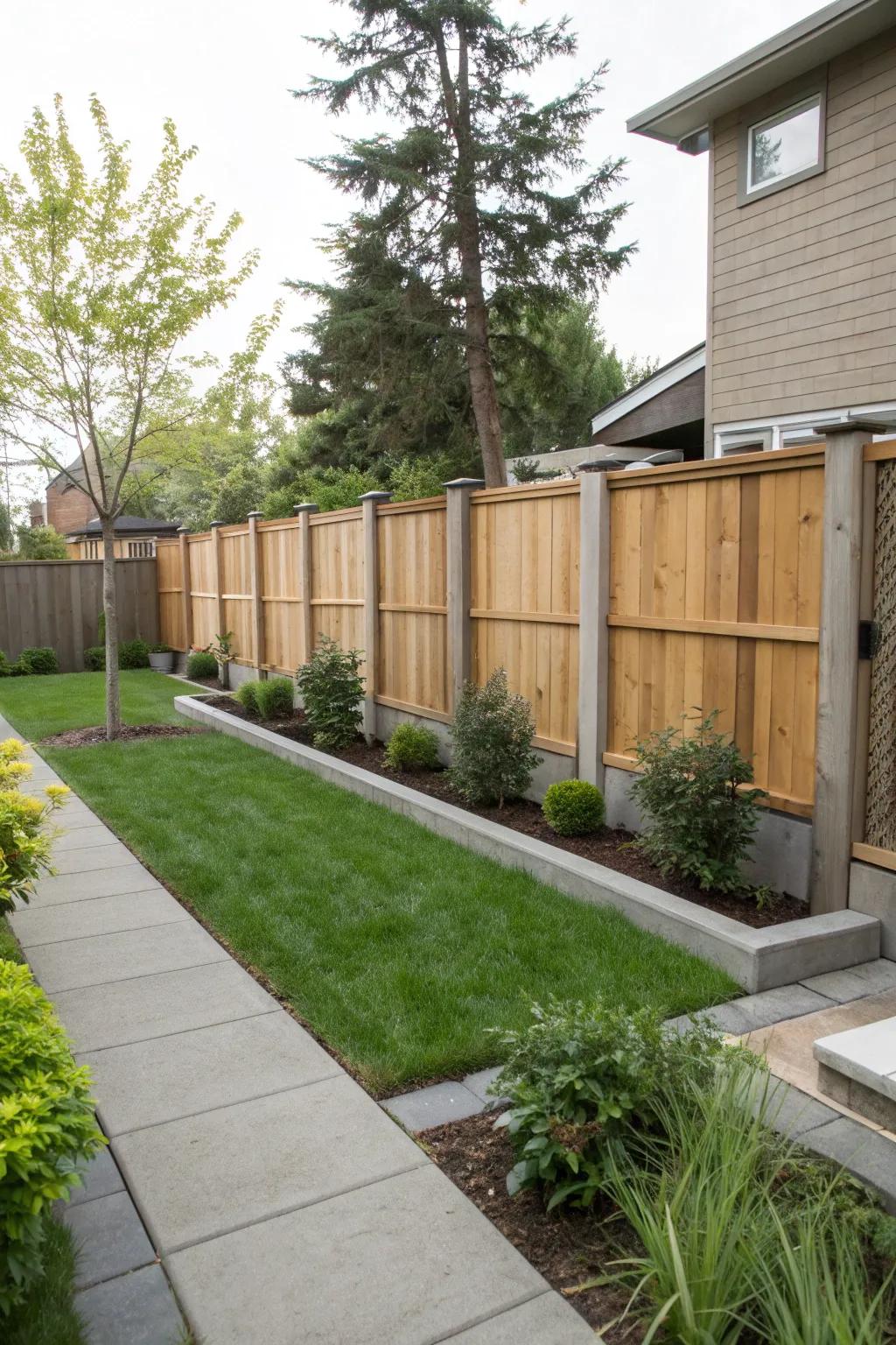 Concrete and wood fences offer a modern, sturdy aesthetic.