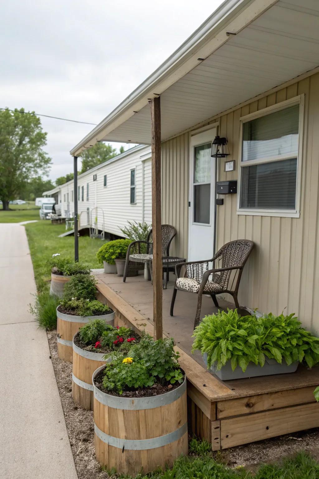 A trailer front porch featuring eco-friendly planters.