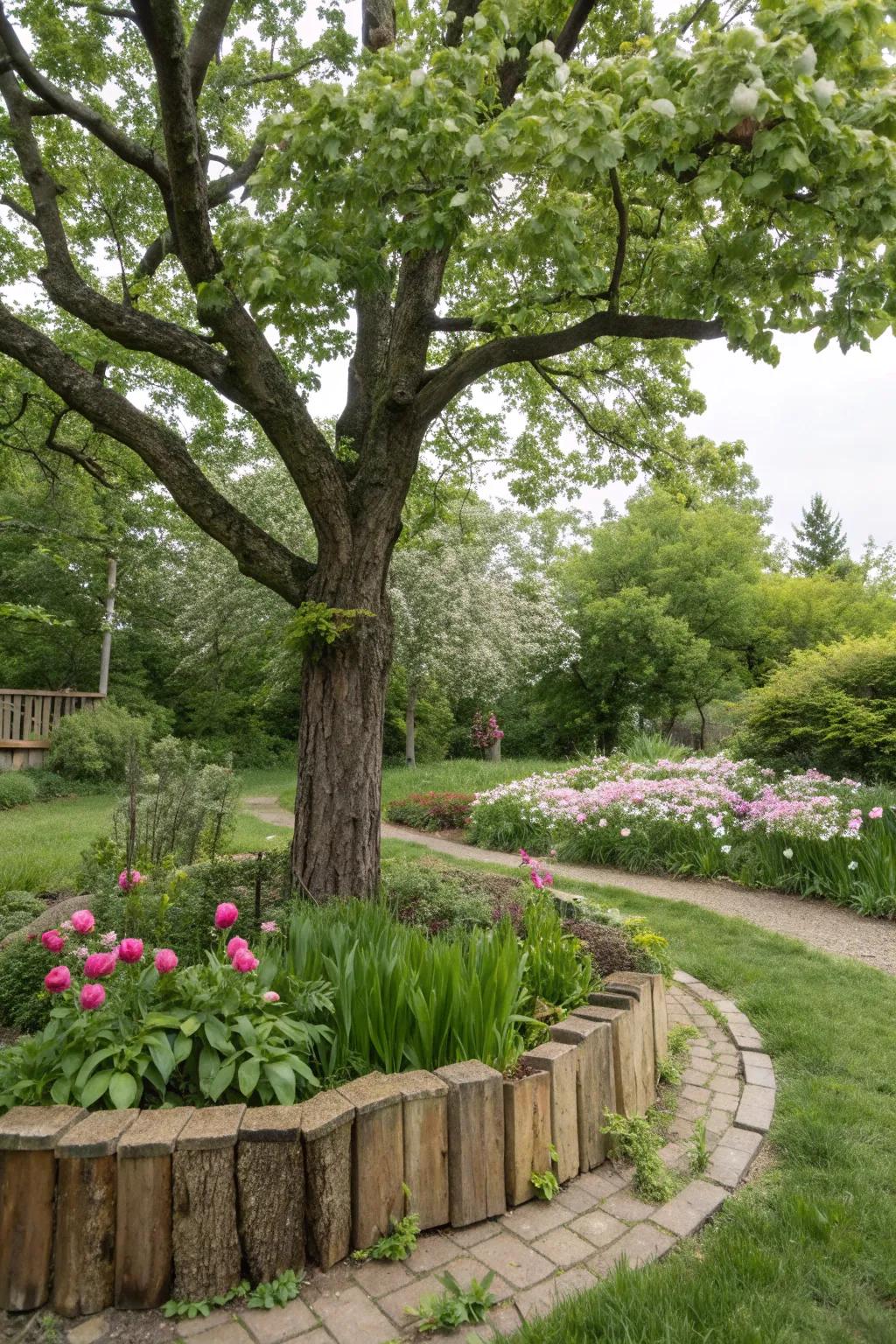 A tree with rustic wood edging.