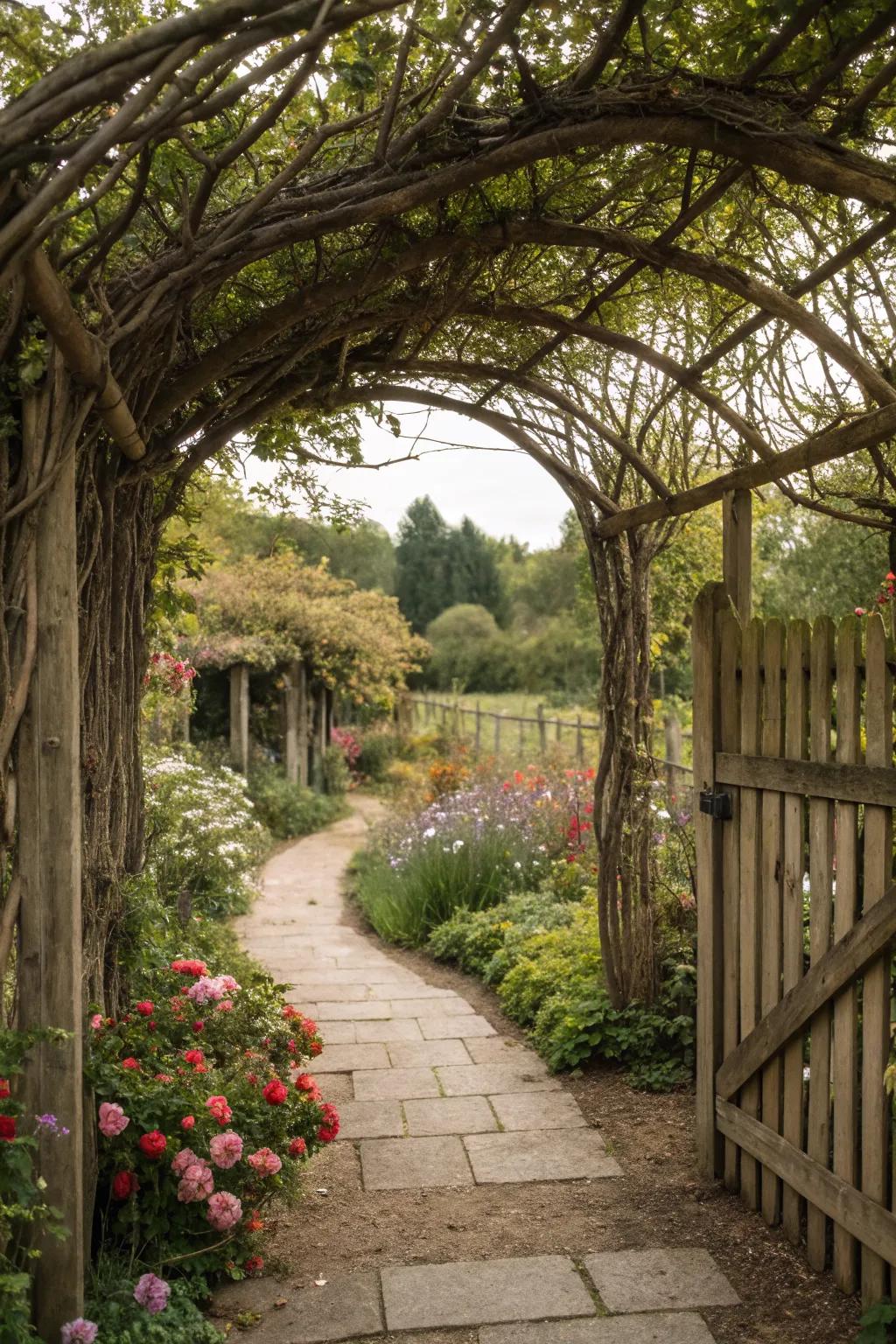 A branch pergola entrance adds a magical touch to any garden path.