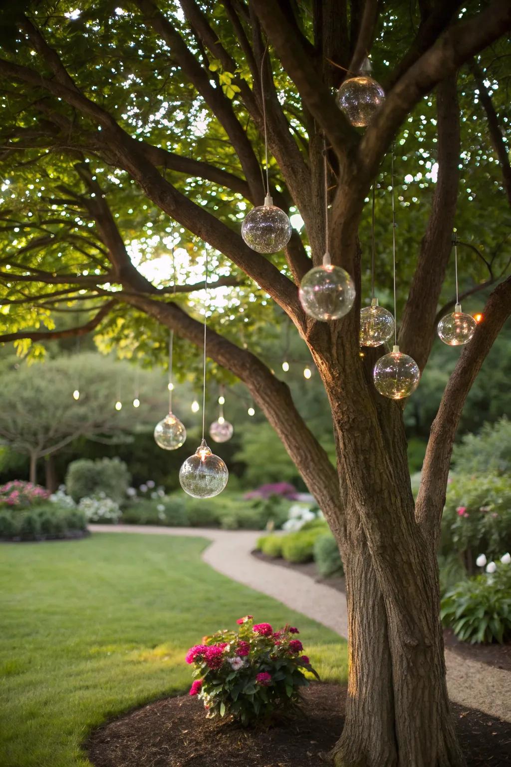 Elegant glass baubles hanging from tree