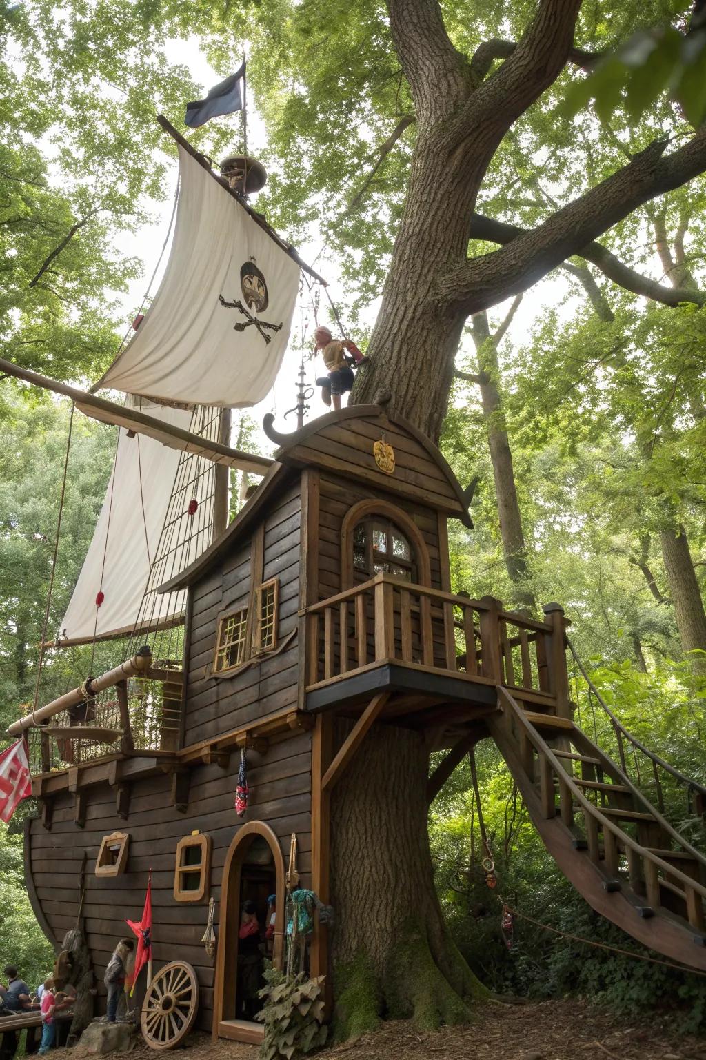 A themed tree house resembling a pirate ship, sparking imaginative adventures.