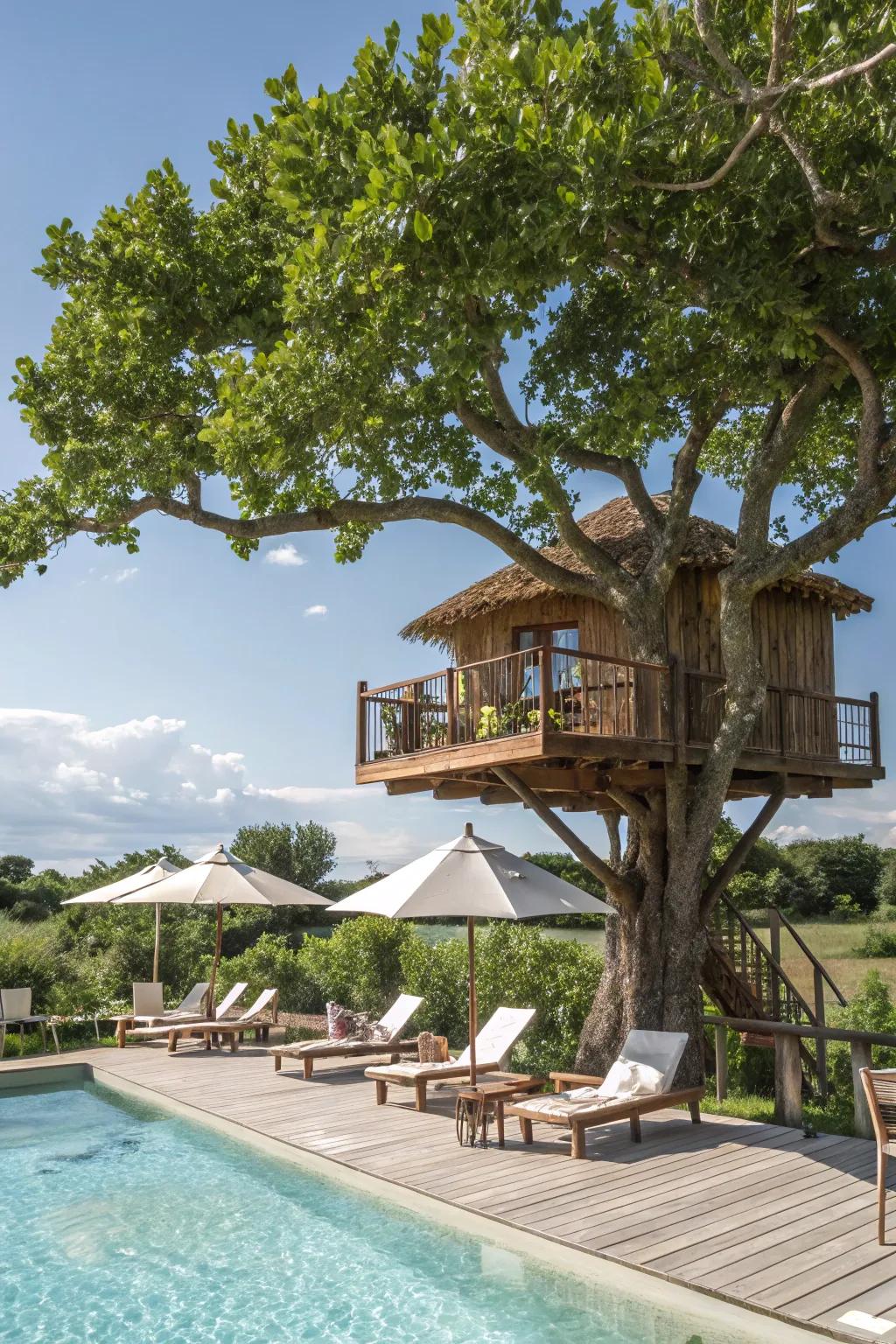 A tree house with a poolside view offers ultimate relaxation.
