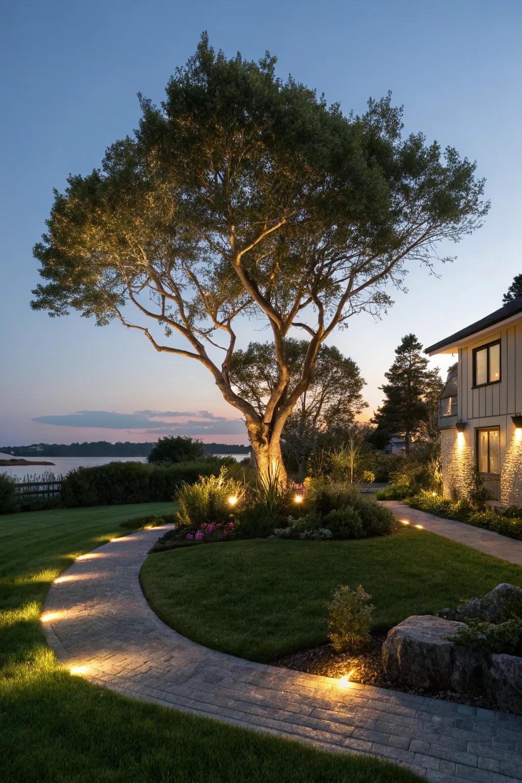 Outdoor lighting highlights your tree island beautifully at night.