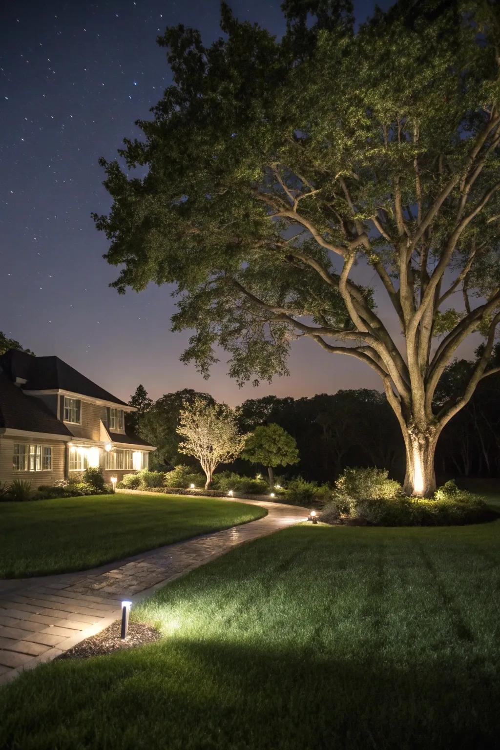 Landscape lighting adds a magical touch to your trees after dark.