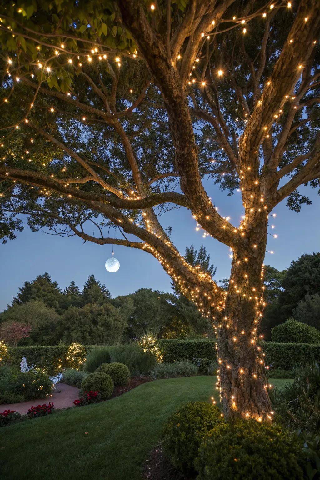 Twinkle lights bring a starry night feel to your garden.