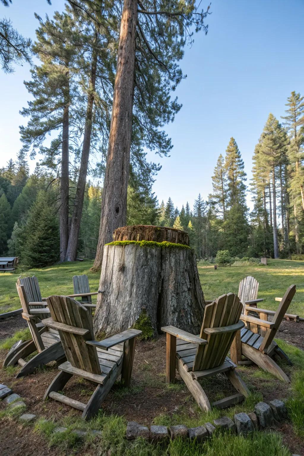 A cozy seating area created using a tree stump.