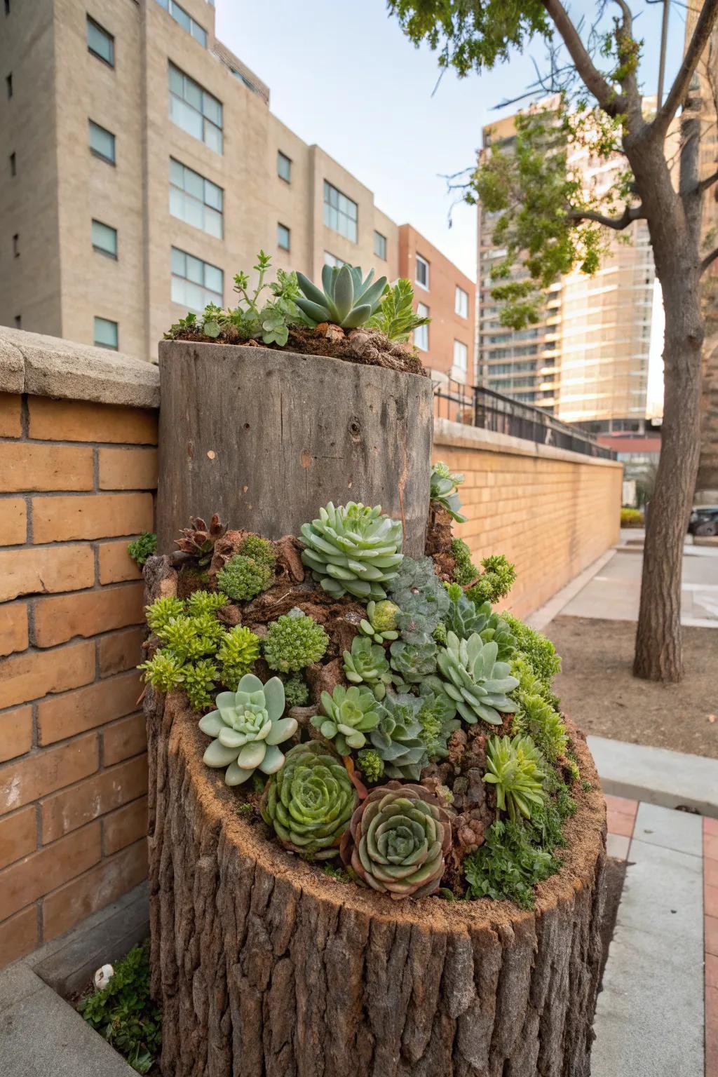 A modern vertical succulent wall with a rustic base.