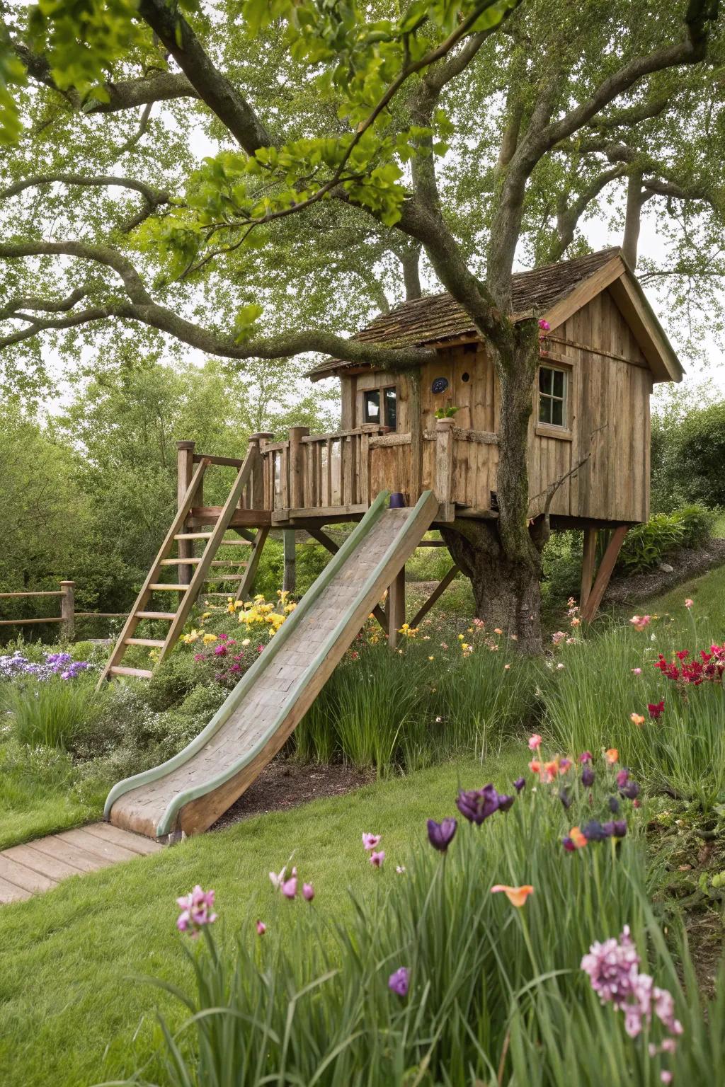 A playful slide adding fun to a charming treehouse.