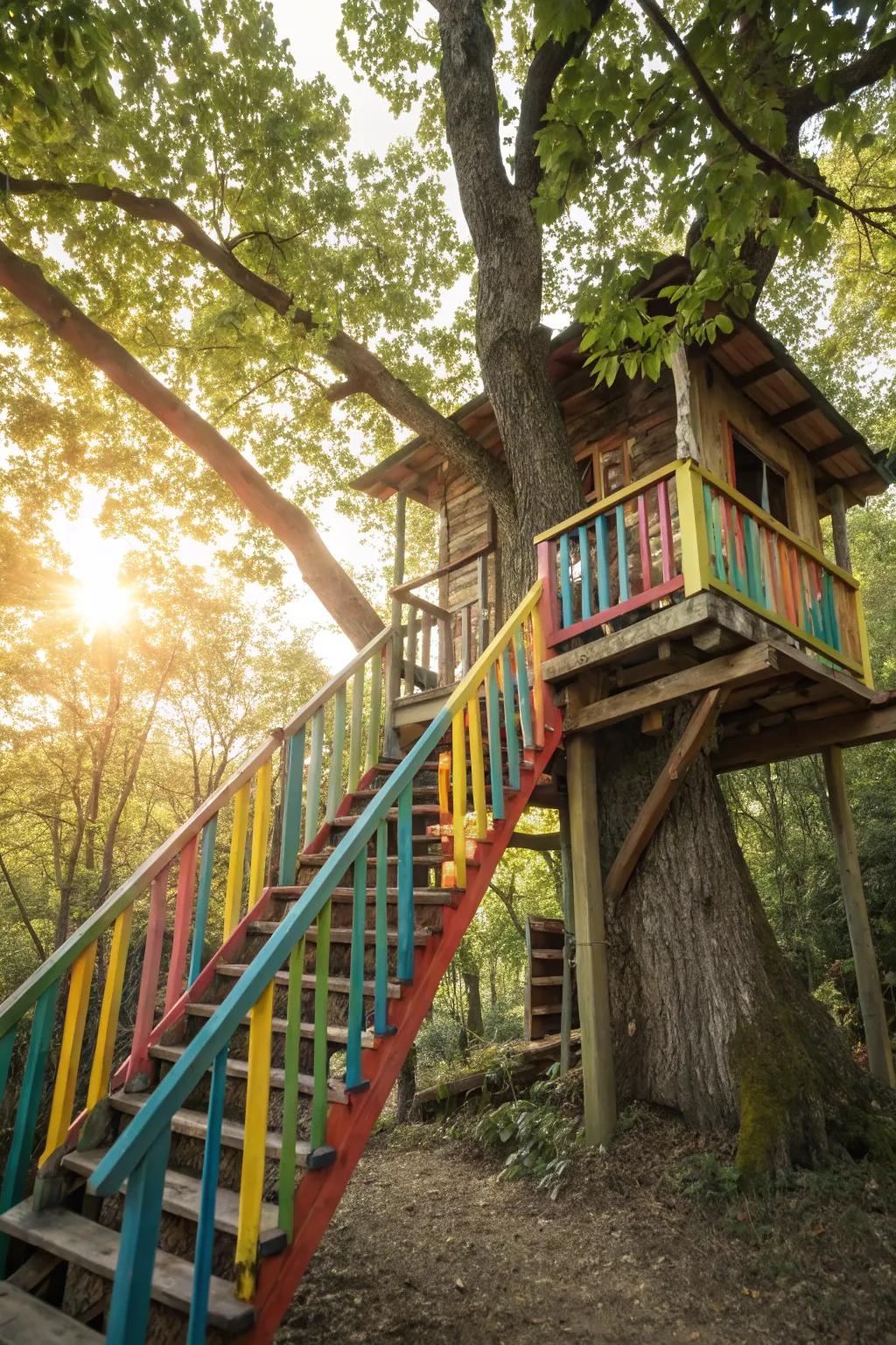 A vibrant treehouse with colorful painted railings, full of personality.