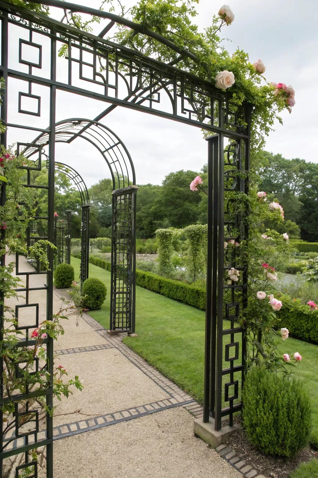 An Art Deco-inspired trellis adding vintage charm to a garden.