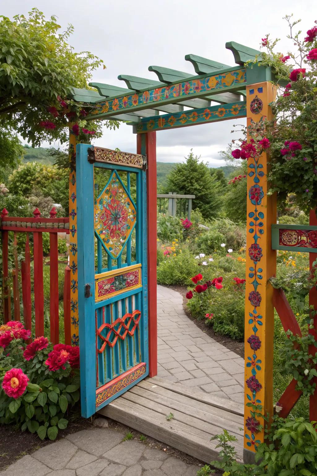 A bold and colorful trellis gate adding cheer to the garden.