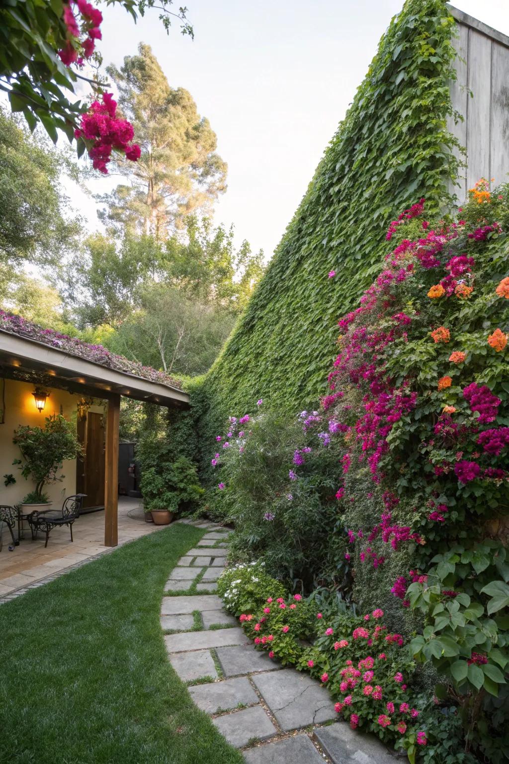 A living wall offers privacy and vibrant greenery to a triangular backyard.