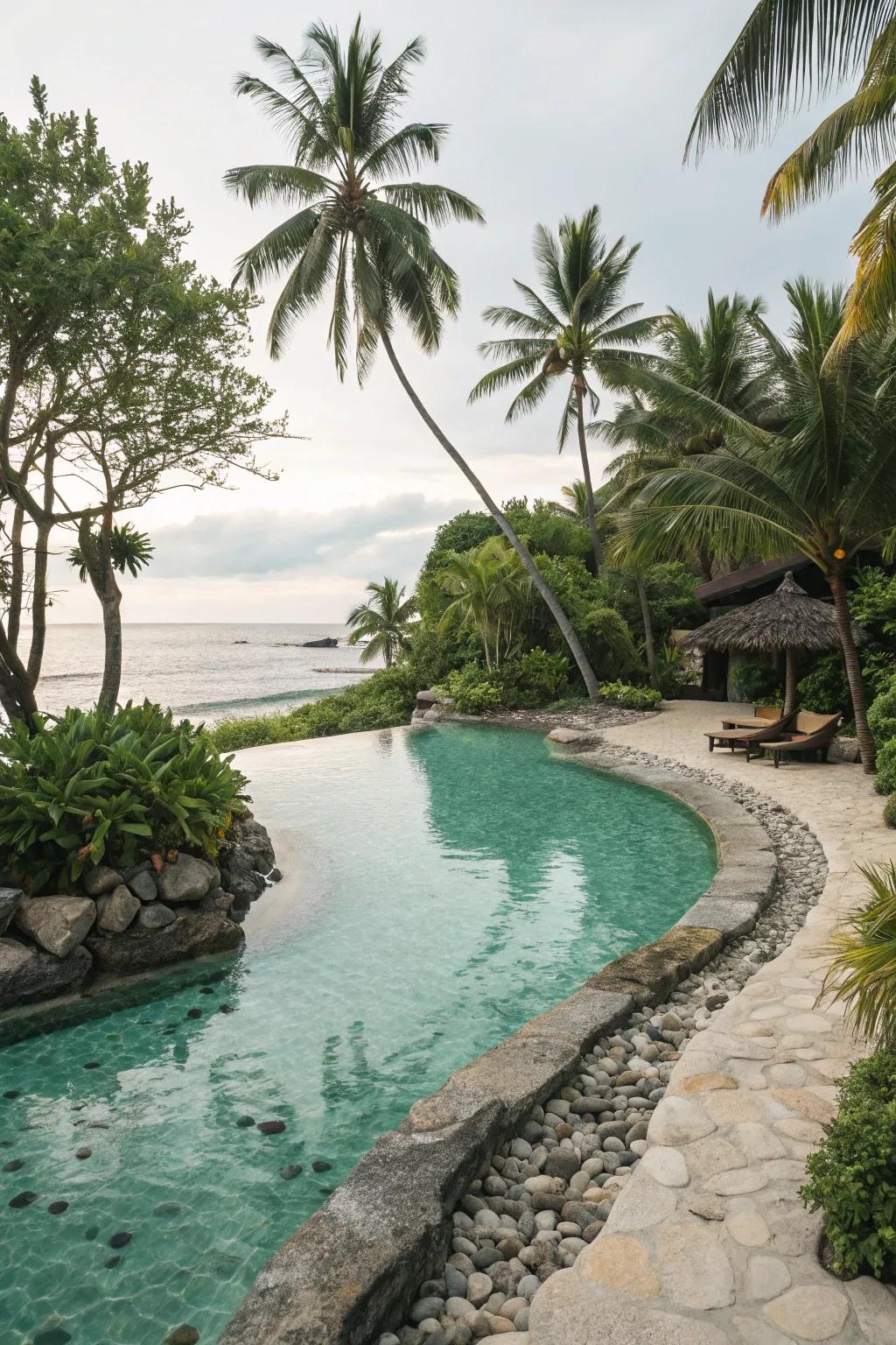 A beach entry pool mimics the natural shoreline of a lagoon.
