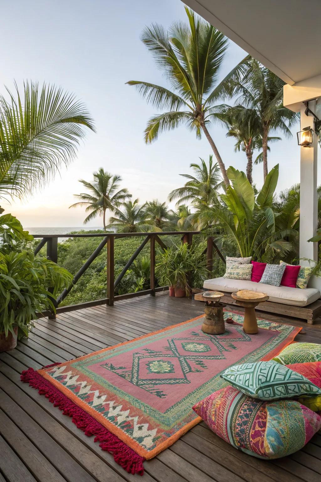 A colorful outdoor rug defines the seating area on the deck.