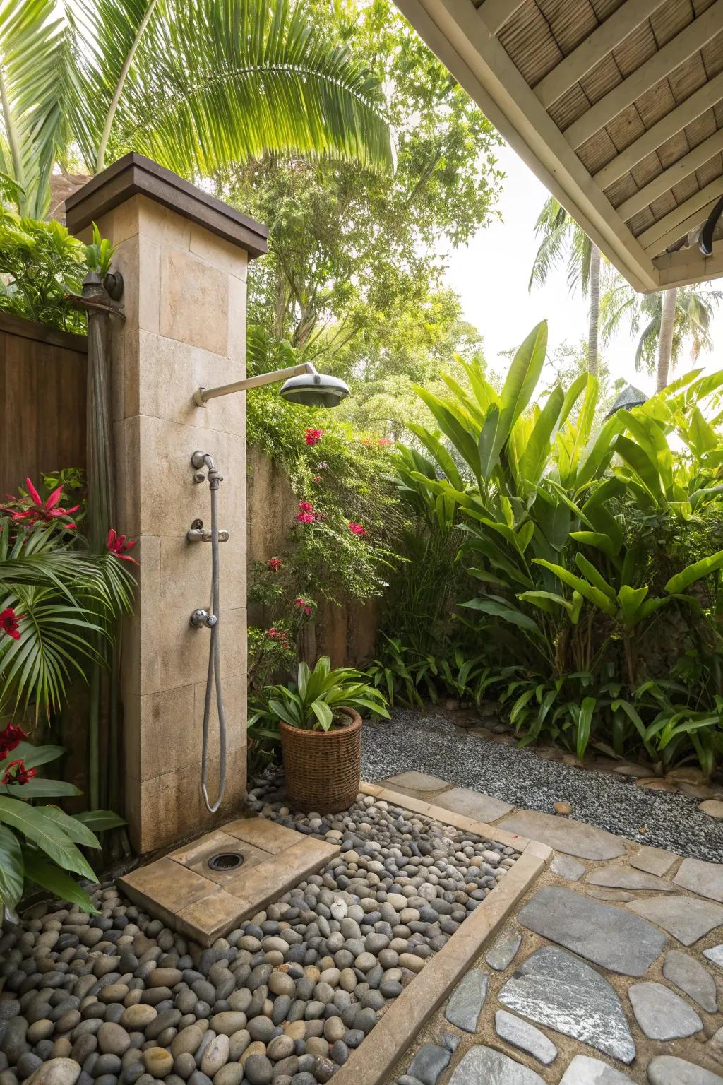 Experience the tactile delight of pebble flooring in your outdoor shower.