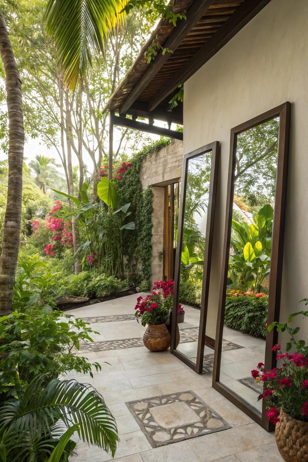 Mirrors reflect greenery and light, enhancing this tropical patio's ambiance.