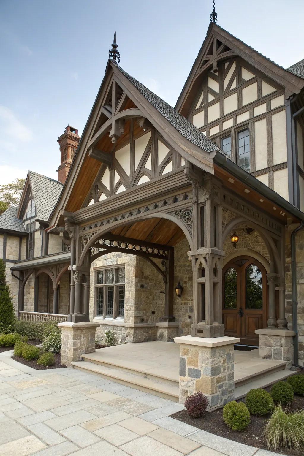 A custom truss design adds architectural drama to this Tudor porch.