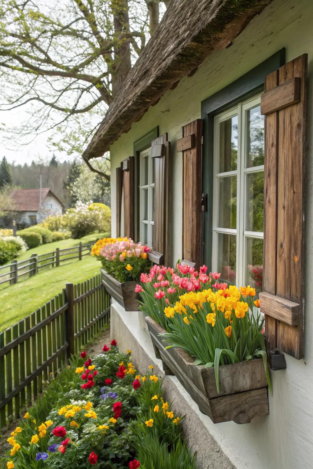 Charming window boxes with tulips and daffodils on a cottage facade.