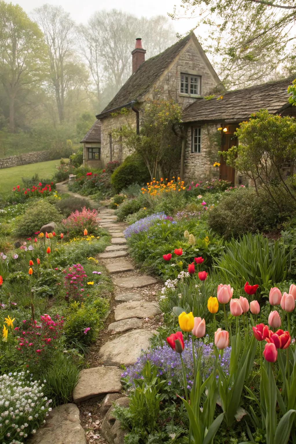 Tulips and wildflowers create a rustic charm in cottage gardens.